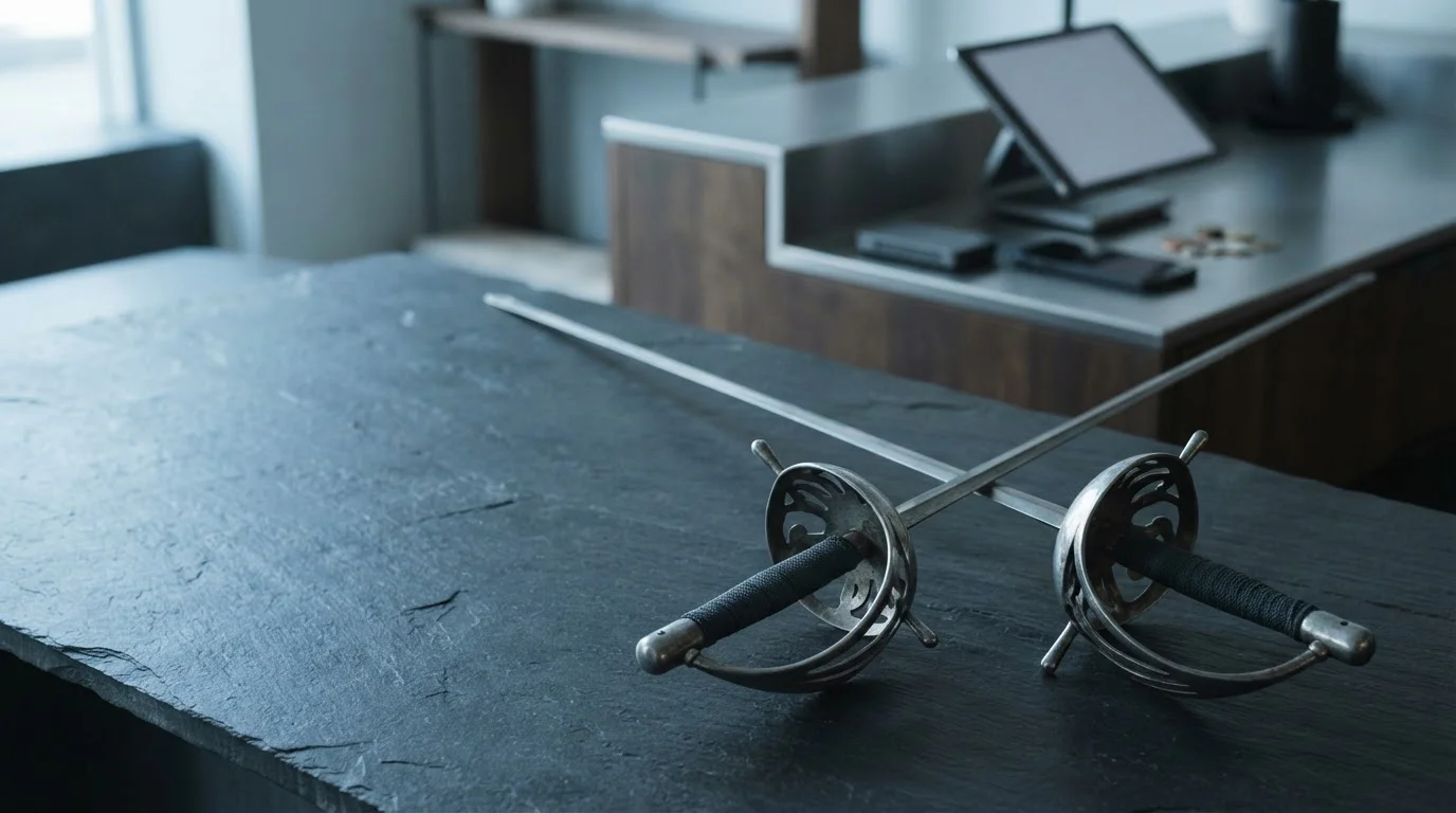 Two crossed fencing foils on a slate tabletop beside a softly blurred phone, hardware wallet and metallic coins
