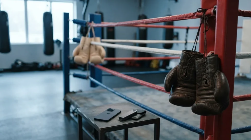 Dark and pale boxing gloves hanging in opposite corners of an empty ring, with a smartphone and hardware wallet ringside