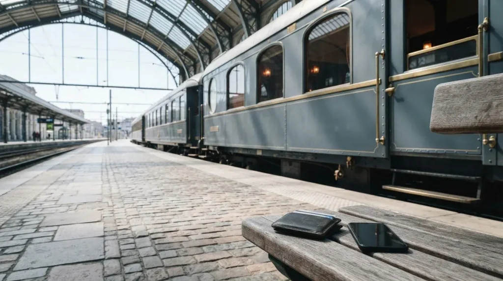 Classic European railway carriage at a sunlit station platform, with a card wallet and smartphone on a bench