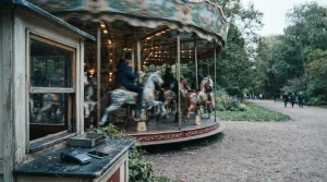 Vintage fairground carousel with carved wooden horses in motion, with a card terminal and smartphone at a ticket booth window