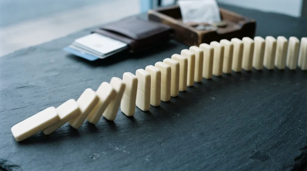 Line of plain dominoes toppling across a slate table, with payment cards sliding from a holder beside a cashier tray