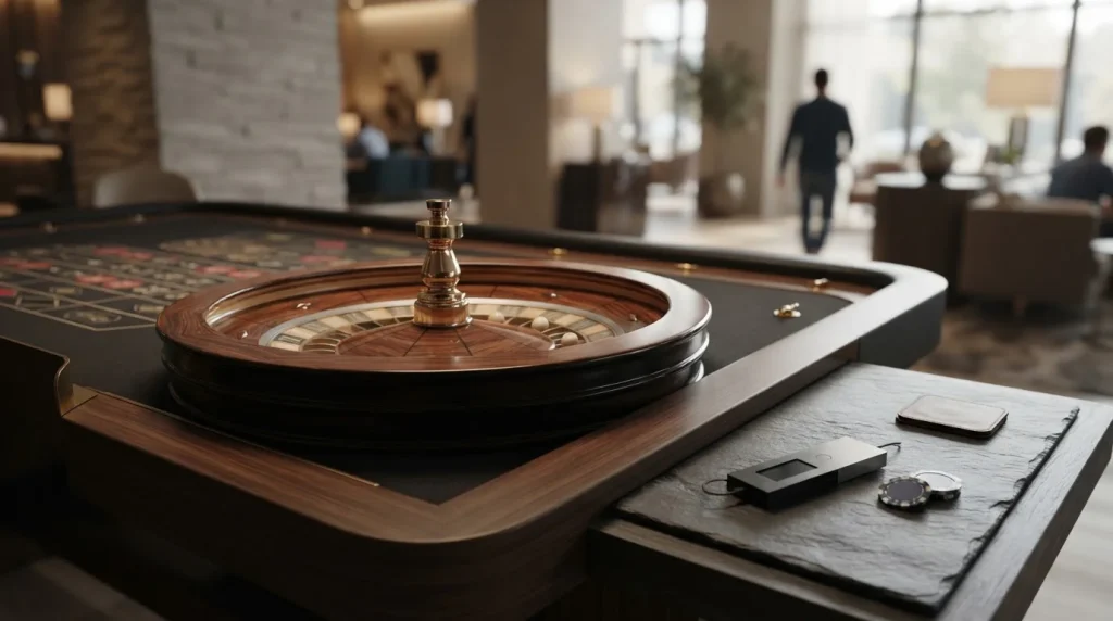 An unbranded roulette wheel on a bright gaming table with a hardware wallet and coins set discreetly nearby