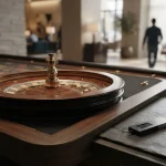 An unbranded roulette wheel on a bright gaming table with a hardware wallet and coins set discreetly nearby