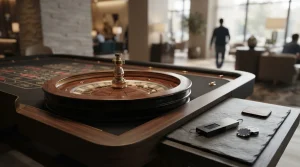 An unbranded roulette wheel on a bright gaming table with a hardware wallet and coins set discreetly nearby