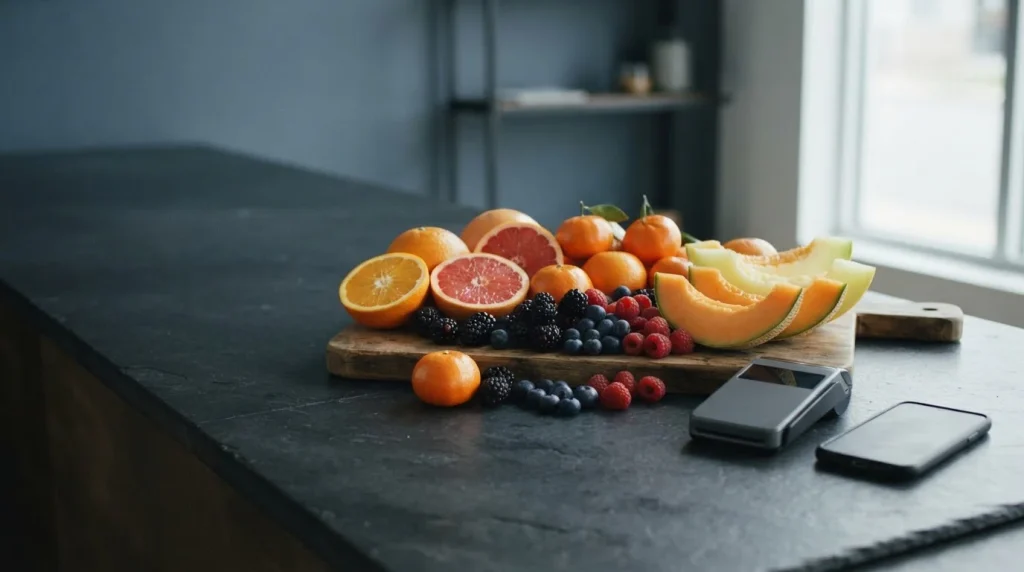 Fresh citrus and berries arranged on a slate counter beside a discreet card reader and smartphone in daylight