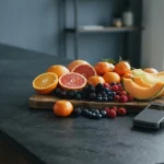 Fresh citrus and berries arranged on a slate counter beside a discreet card reader and smartphone in daylight