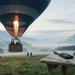 Hot-air balloon lifting off over a misty valley, with a hardware wallet and smartphone on a table