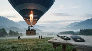 Hot-air balloon lifting off over a misty valley, with a hardware wallet and smartphone on a table