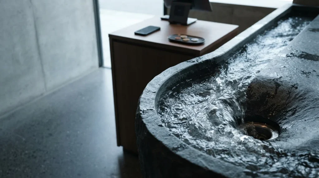 A swirling stream of clear water in a sculpted stone basin, with a phone and loose coins on a counter behind