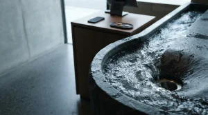 A swirling stream of clear water in a sculpted stone basin, with a phone and loose coins on a counter behind
