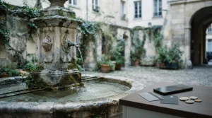 A sculpted stone fountain with water cascading into a basin, with a phone and payment cards on a nearby counter