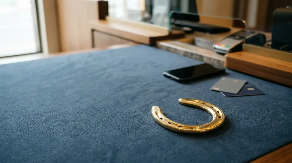 Polished golden horseshoe on slate-blue felt, with a smartphone and payment cards near a cashier counter