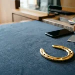 Polished golden horseshoe on slate-blue felt, with a smartphone and payment cards near a cashier counter