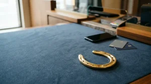 Polished golden horseshoe on slate-blue felt, with a smartphone and payment cards near a cashier counter