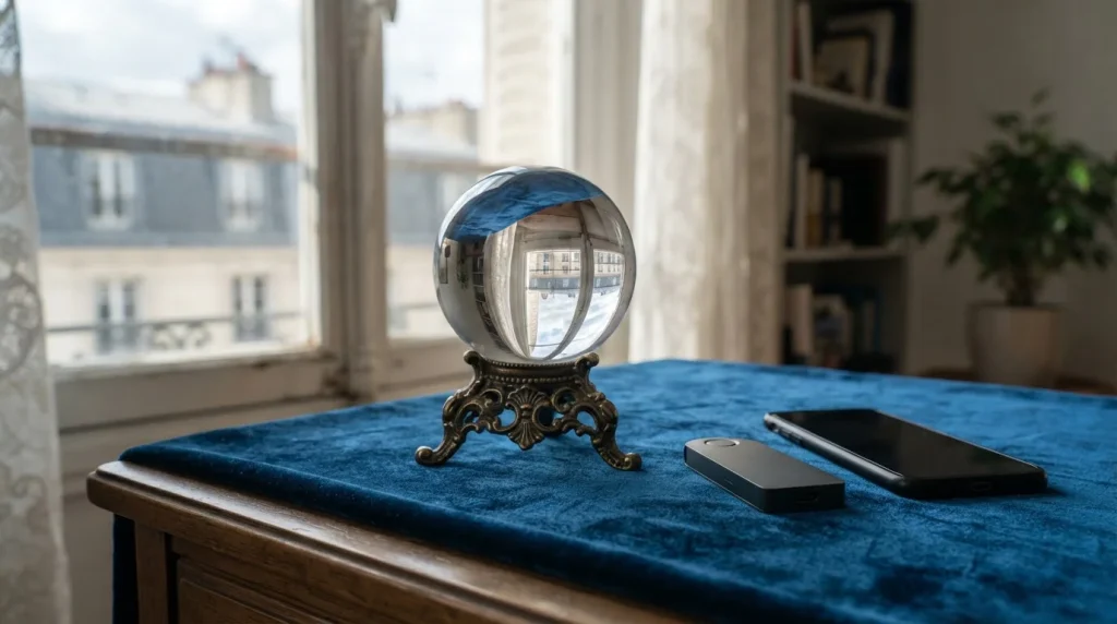 Clear crystal ball on a brass stand and velvet cloth, with a hardware wallet and smartphone on a side table