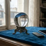 Clear crystal ball on a brass stand and velvet cloth, with a hardware wallet and smartphone on a side table