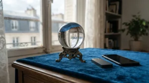 Clear crystal ball on a brass stand and velvet cloth, with a hardware wallet and smartphone on a side table