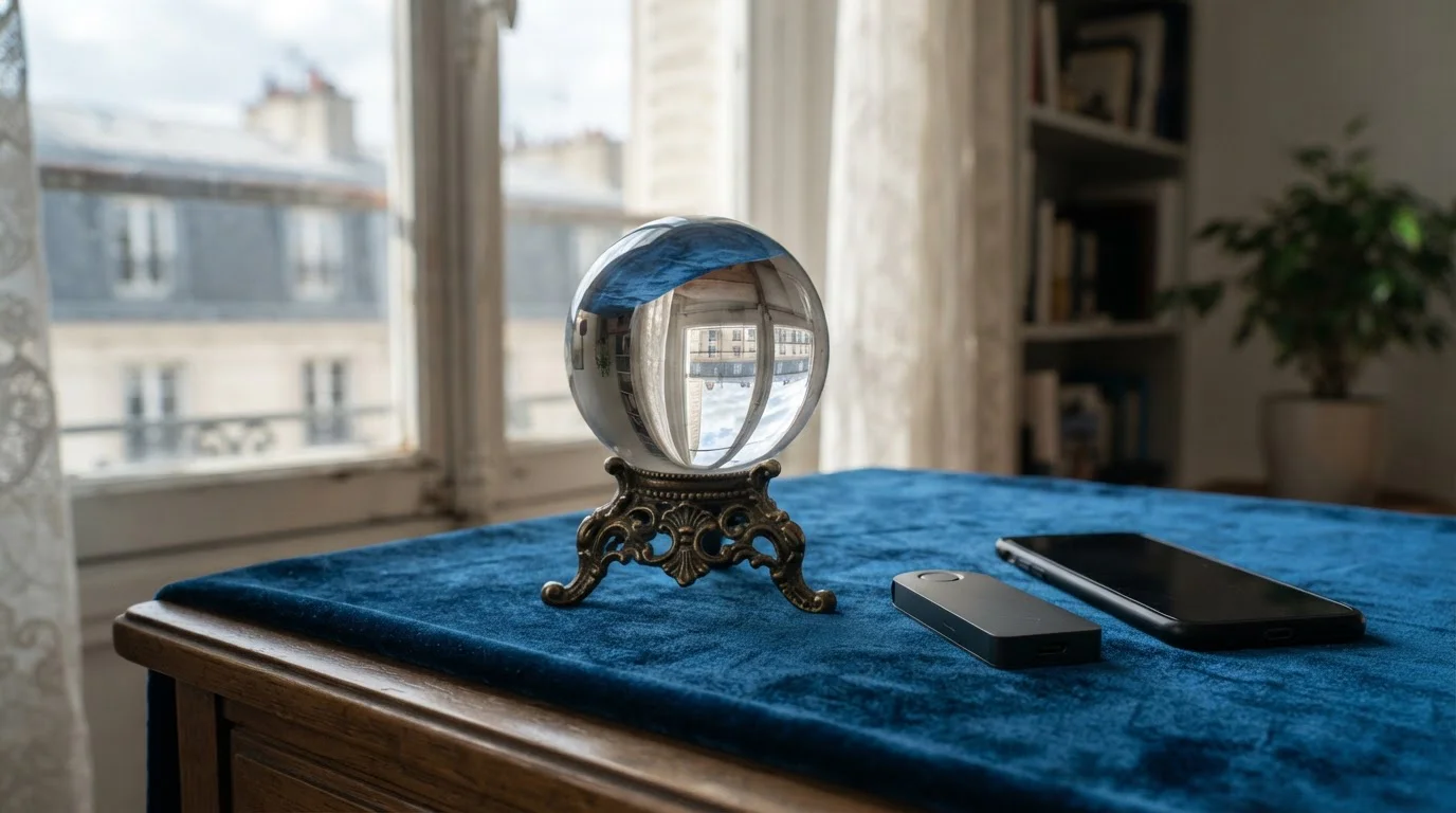 Clear crystal ball on a brass stand and velvet cloth, with a hardware wallet and smartphone on a side table