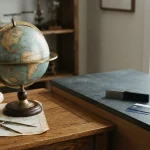 Antique brass-mounted globe in a navigator's study, with a hardware wallet and payment cards on a counter