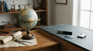Antique brass-mounted globe in a navigator's study, with a hardware wallet and payment cards on a counter