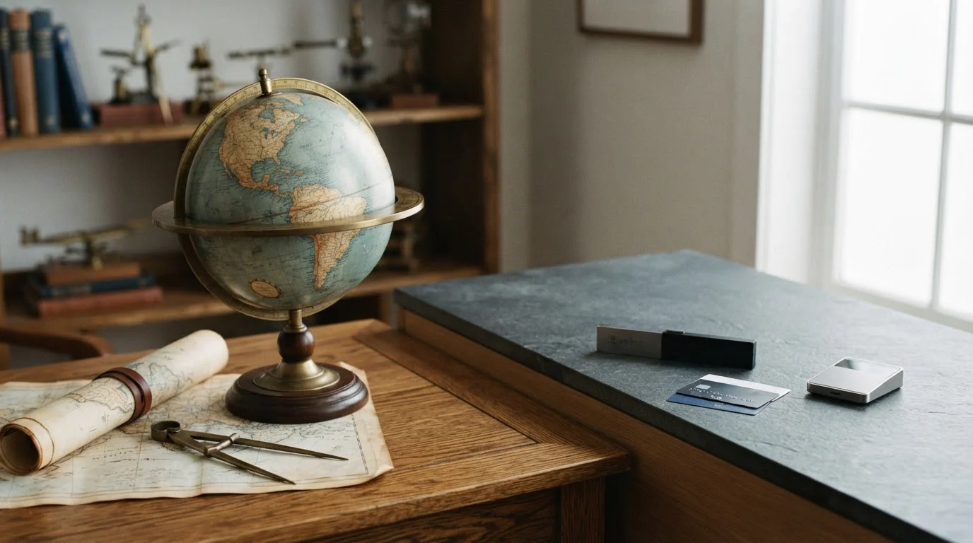 Antique brass-mounted globe in a navigator's study, with a hardware wallet and payment cards on a counter