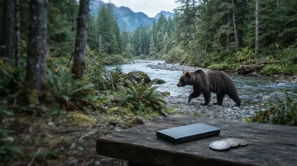 Brown bear beside a woodland stream, with a hardware wallet and coins on a nearby table in cool daylight