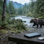 Brown bear beside a woodland stream, with a hardware wallet and coins on a nearby table in cool daylight