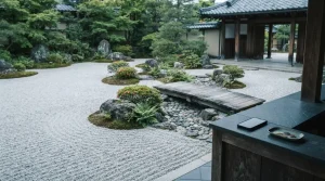 Raked Zen garden with river stones and a footbridge, with a smartphone and coins on a counter