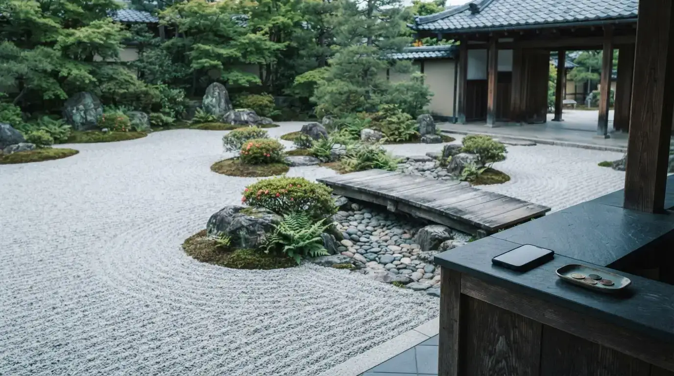 Raked Zen garden with river stones and a footbridge, with a smartphone and coins on a counter