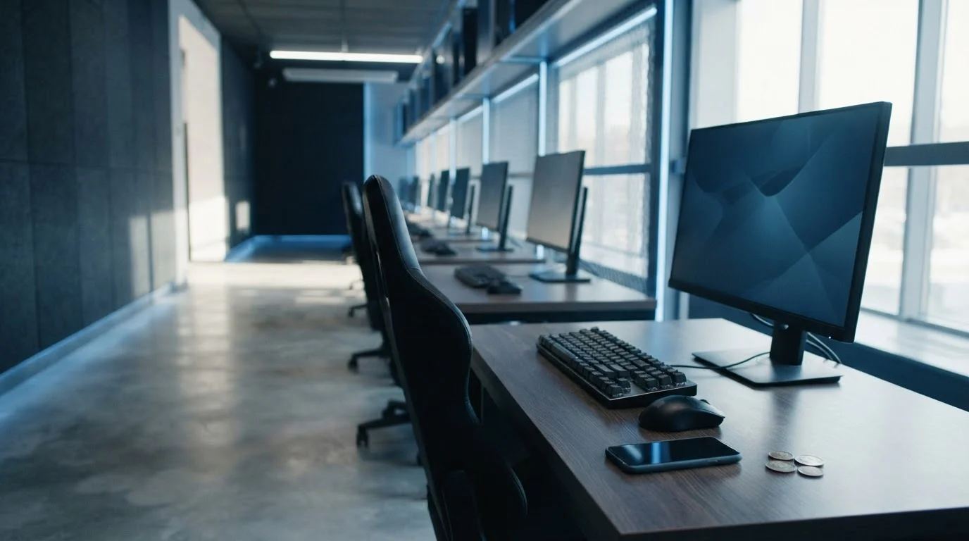 Empty sunlit esports practice arena with rows of gaming monitors and chairs, with a smartphone and plain coins nearby