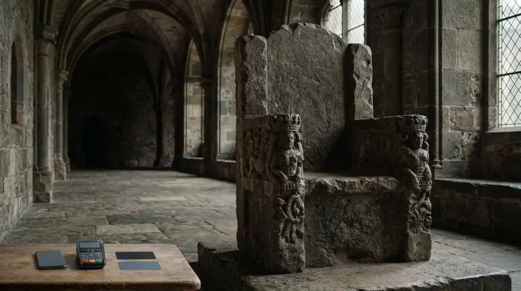 Weathered stone throne in a medieval hall with an understated payment counter and a phone in cool daylight