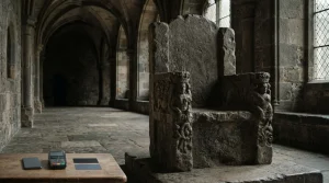 Weathered stone throne in a medieval hall with an understated payment counter and a phone in cool daylight