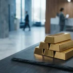 Stack of unmarked gold bullion bars on a slate table, with a smartphone and hardware wallet