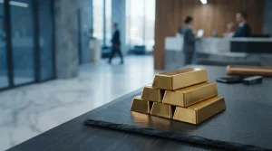 Stack of unmarked gold bullion bars on a slate table, with a smartphone and hardware wallet
