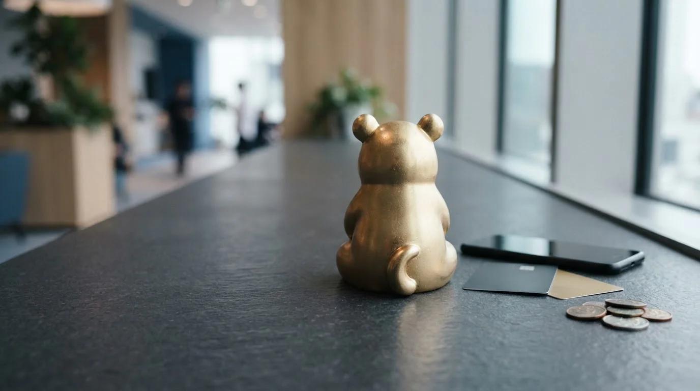 Gold-toned panda figurine on a slate counter beside a phone and unmarked payment cards in crisp daylight