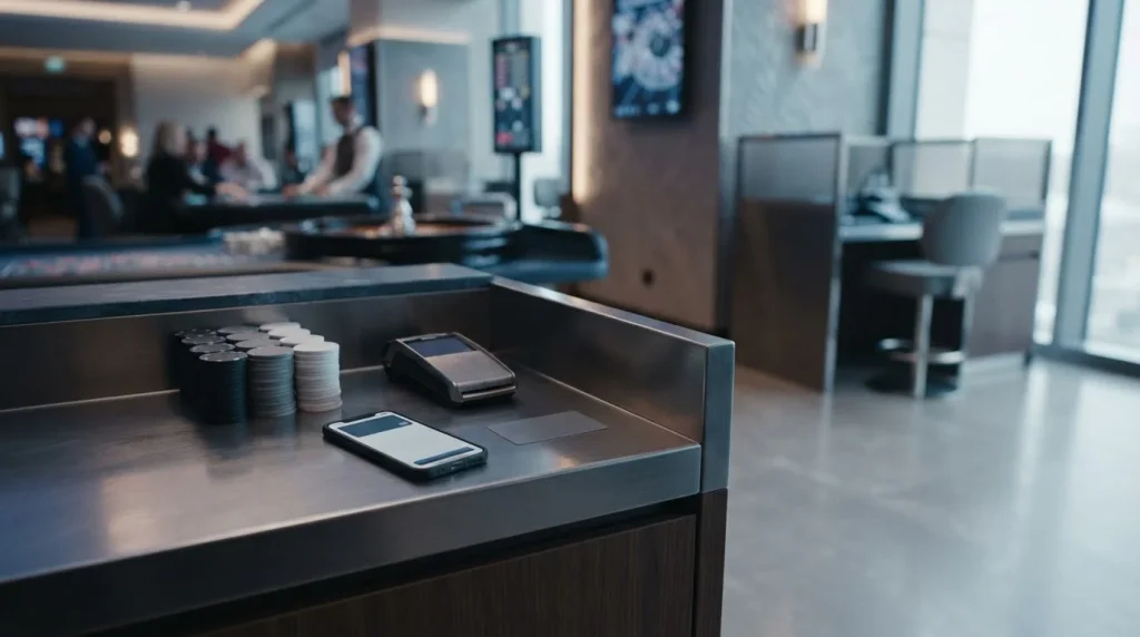 An elegant casino cashier counter with gaming chips in the foreground and a phone displaying a blank wallet screen nearby