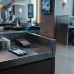 An elegant casino cashier counter with gaming chips in the foreground and a phone displaying a blank wallet screen nearby