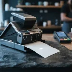 Retro instant camera ejecting a blank print, with a card terminal and smartphone on a counter