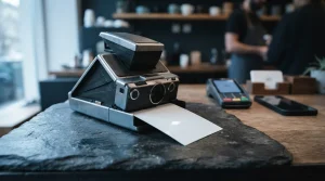 Retro instant camera ejecting a blank print, with a card terminal and smartphone on a counter