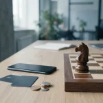 An elegant chessboard with a knight on a slate desk, with a phone and payment cards nearby in crisp daylight