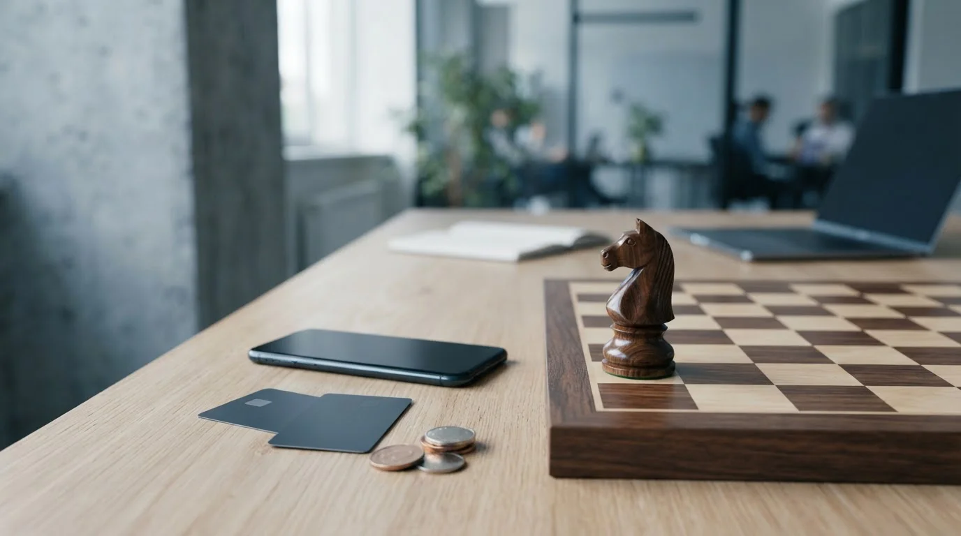 An elegant chessboard with a knight on a slate desk, with a phone and payment cards nearby in crisp daylight