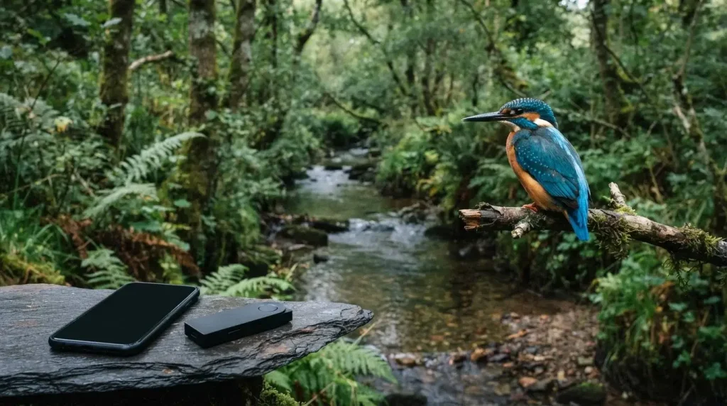 Wild kingfisher perched above a woodland stream, with a smartphone and hardware wallet on a nearby slate ledge