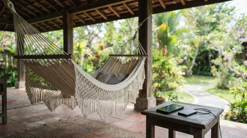 Woven cotton hammock on a shaded veranda, with a smartphone and hardware wallet on a small side table
