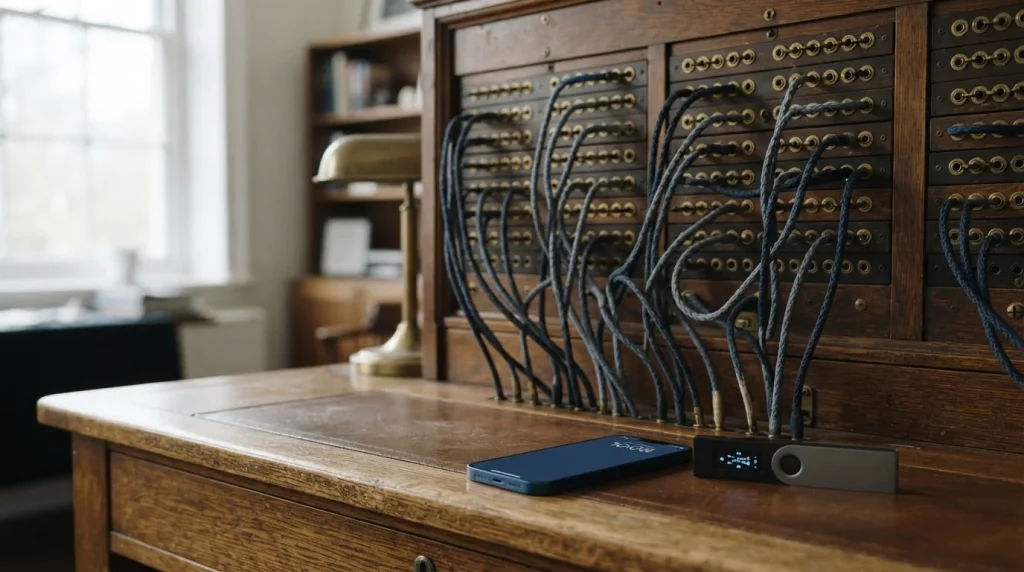 Vintage telephone switchboard with brass jack sockets and patch cords, with a smartphone and hardware wallet on the desk