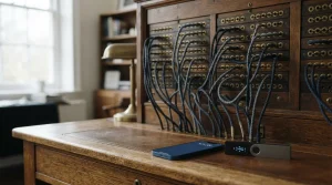 Vintage telephone switchboard with brass jack sockets and patch cords, with a smartphone and hardware wallet on the desk