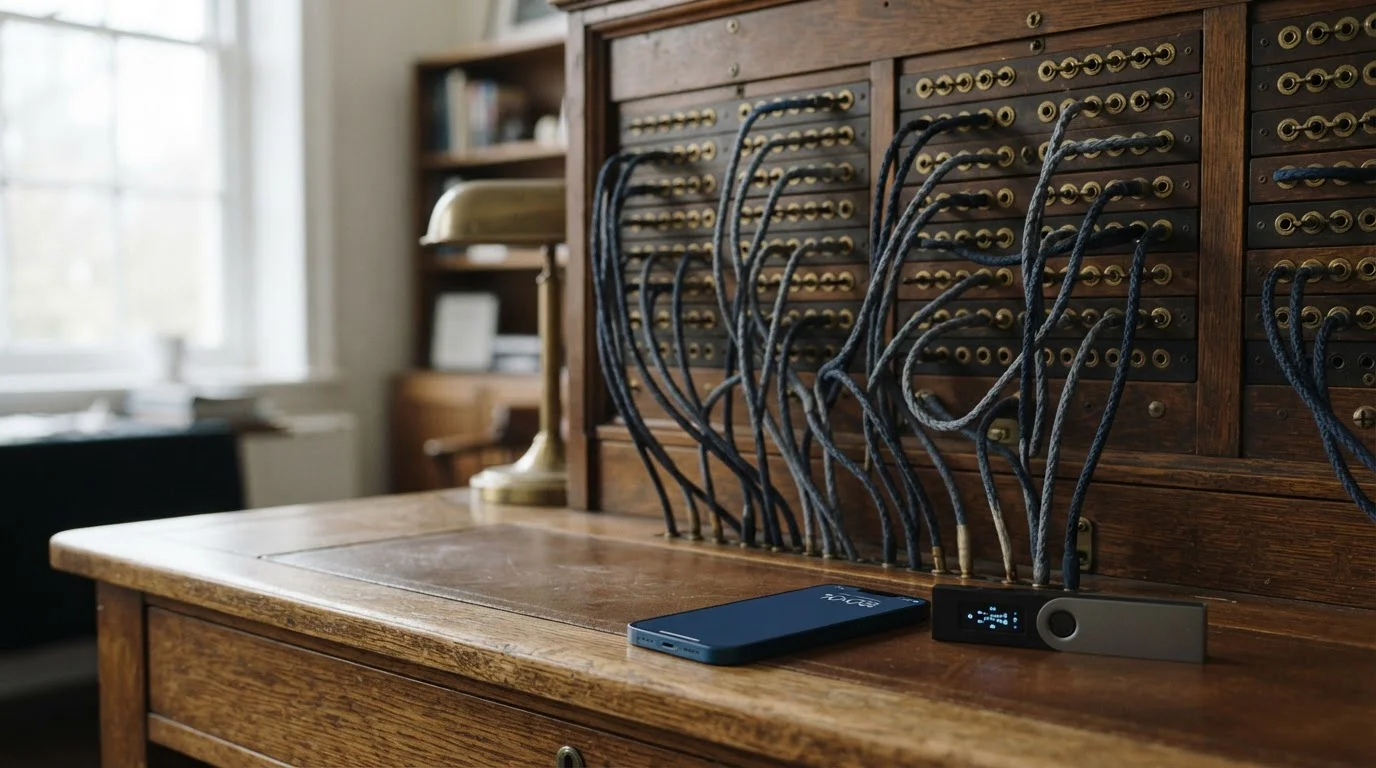 Vintage telephone switchboard with brass jack sockets and patch cords, with a smartphone and hardware wallet on the desk