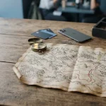 Hand-drawn quest map with a brass compass and key, with a smartphone and payment cards by a tray