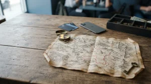 Hand-drawn quest map with a brass compass and key, with a smartphone and payment cards by a tray