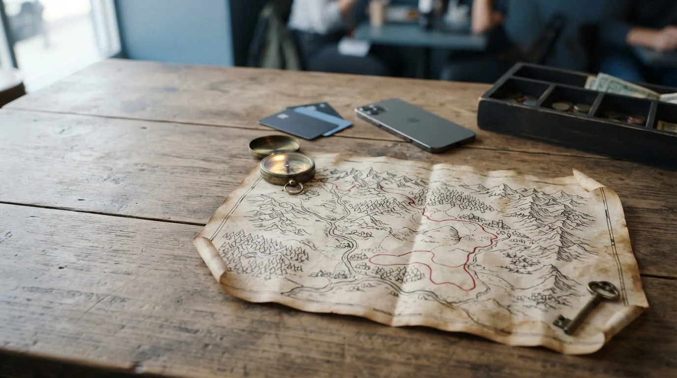 Hand-drawn quest map with a brass compass and key, with a smartphone and payment cards by a tray