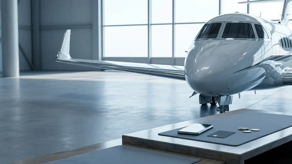 A sleek unmarked private jet in a daylight hangar, with a payment counter and a phone in the foreground